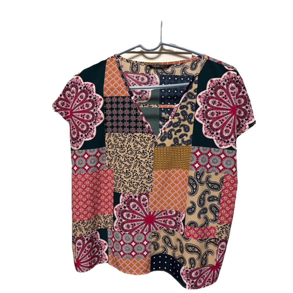 Shein Women’s Short-sleeve V-neck Top with Patchwork Print Size Medium